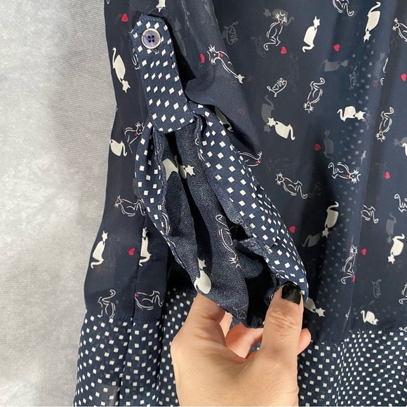 Sheer Kitty Cat Print Button Top All Over Print Blue Shirt Lightweight Sz L - Picture 7 of 9